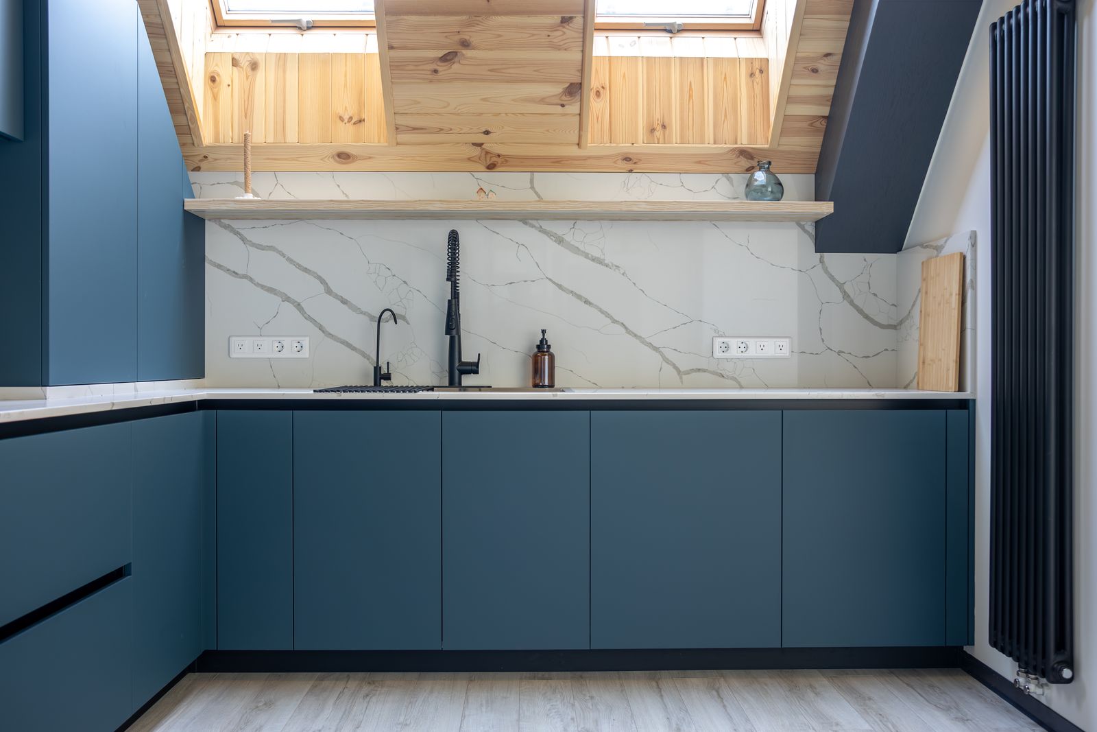 Matte blue kitchen cabinet refinishing in Lakewood Ranch, Florida