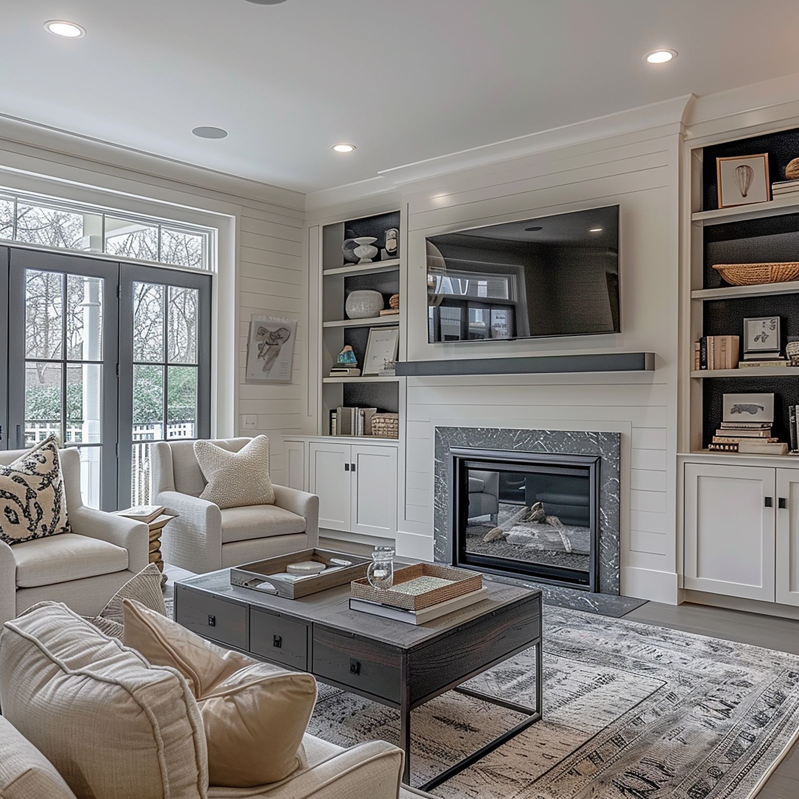 Living room with fireplace and fresh interior paint in Lakewood Ranch