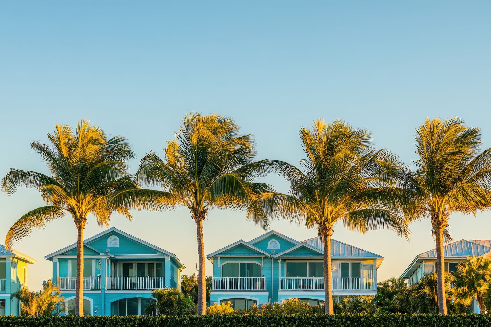 Colorful coastal Florida homes with palm trees near Lakewood Ranch