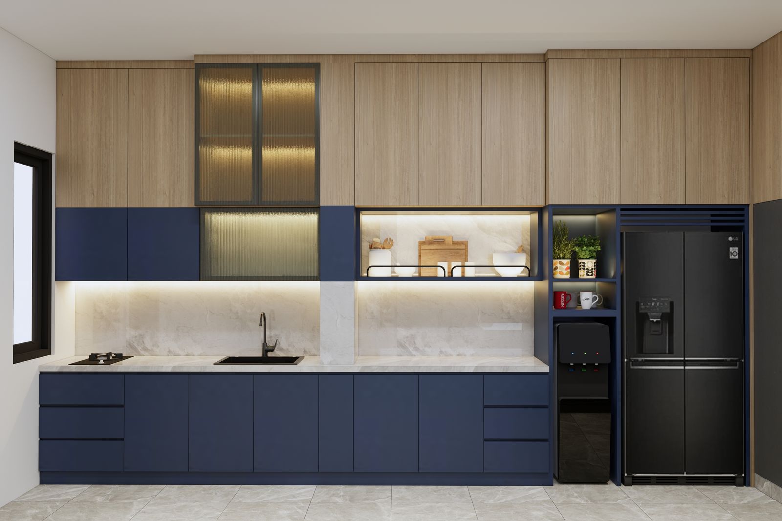 Blue painted wood kitchen cabinets in a Lakewood Ranch kitchen